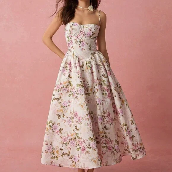 White Boho Women's Romantic Vacation Floral Print Spaghetti Strap A-Line Long Dr - Picture 6 of 7